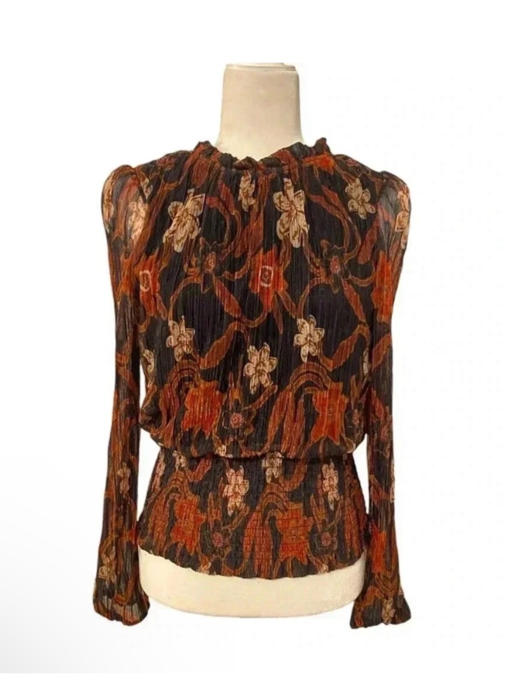 Joie Womens Metallic Floral Long Sleeve Blousen Blouse Brown Sheer